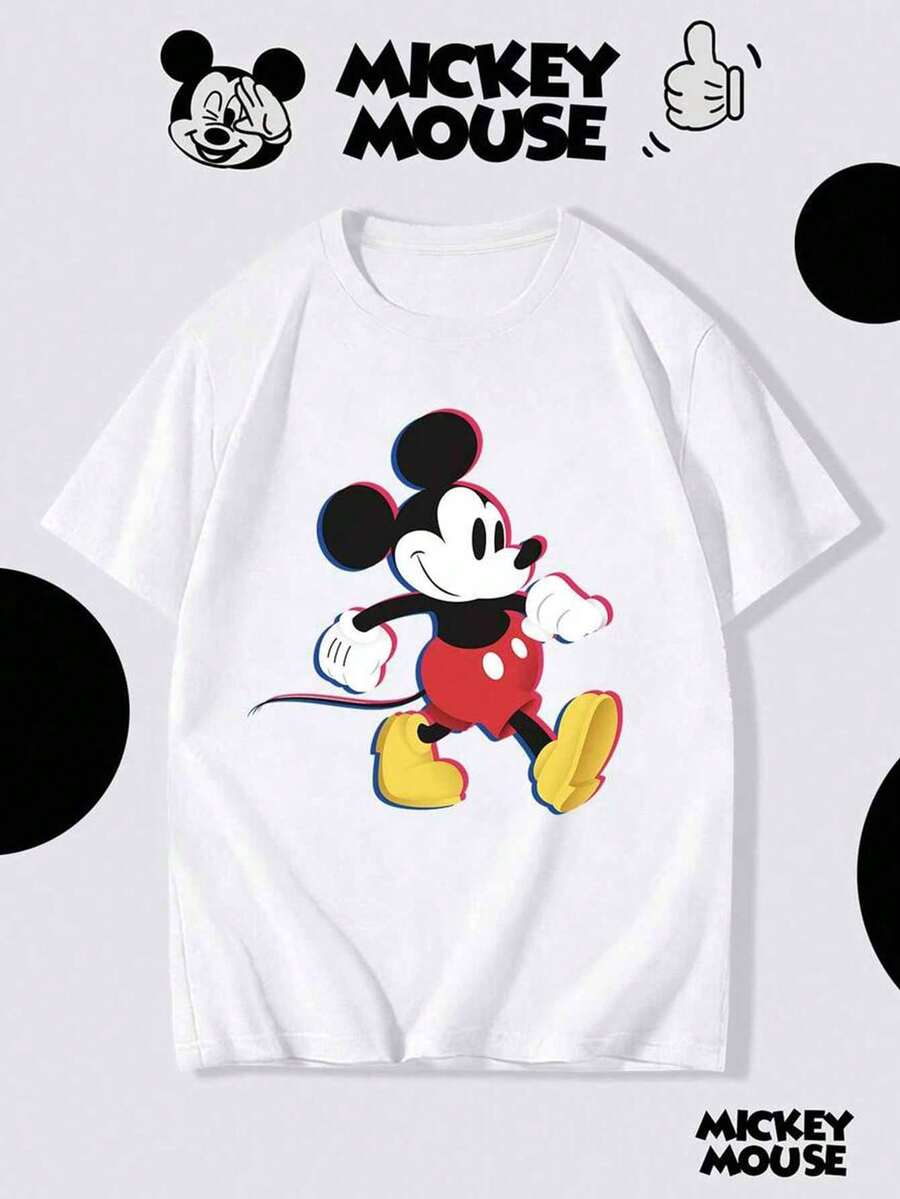 Disney Stylish Crew Neck Short-Sleeved T-Shirt For Men And Women, Featuring A Classic Mickey Mouse Print. Made Of Comfortable, Soft, And Breathable Pure Cotton, This Unisex Style Is Perfect For Outdoor Sports And Parties In Spring And Summer. - White - View 1