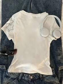 Women'S T-Shirt With Cat Print - Regular Fit, Short Sleeves, Round Neck Casual Top, Solid Color Cat Design, Machine Washable, Medium Stretch Fabric Ideal For Year-Round Wear, Opaque Material For Everyday Style - 黑色 - 查看 2