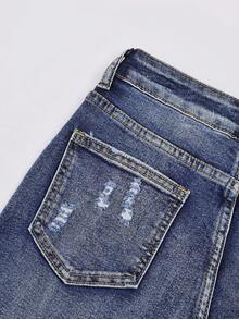 Y2K Streetwear Style Cropped Jeans, High Waist Stretch Distressed Frayed Hem, Slim Fit, Slant Pockets, Ankle Length Denim Pants, Suitable For Women Office Wear In Autumn Casual Spring - Dark Wash - View 7