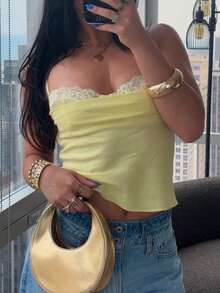 Vuslat 女士夏季休闲性感露背蕾丝拼接吊带背心，适合海滩度假、郊游、夏季假日装扮、下午茶聚会 - 黃色 - 查看 6