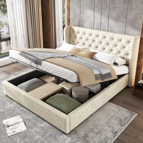 Upholstered Bed, Ear-Shaped, In Velvet, With Large Buttoned Seams, Double Bed 140 X 200 Cm, Functional Hydraulic Bed With Slatted Base And Storage Space, Bed Base Covered In Stain-Resistant Velvet, Beige - Apricot - View 1