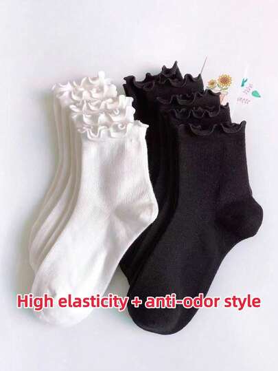 10双装女士白色荷叶边休闲中筒袜，女士休闲船袜，简约舒适透气运动袜，篮球袜，足球袜，黑色袜子，白色袜子，情侣袜，吸湿排汗，抗菌防臭，适合商务休闲、户外运动、跑步、学院风、秋季穿着