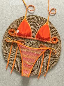 Women's Unique Textured Fabric Bikini Two Pieces Swimsuit, Cute Spaghetti Strap Backless Design Vacation Beach - Orange - View 3