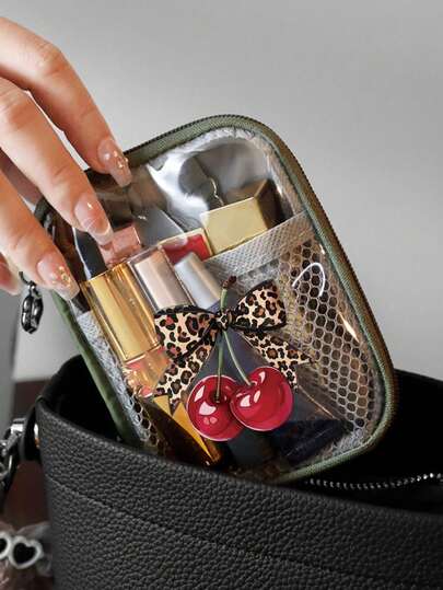 Minimalist Portable Cosmetic Bag Printed With Cherry Bow Pattern, Waterproof Large Capacity Transparent Makeup Pouch With Lining, Multifunctional Cosmetic Pouch, Red Air Cushion Storage Portable Storage Bag,Dormitory Supplies, Bathroom Storage, Jewelry Storage, Lip Oil And Cosmetics Storage Bag School Supplies Pouch ,Make Up Bag Holiday Essentials, Makeup Storage,Wedding Bride Gifts, Mother Gifts, Birthday Gifts, Gifts For Friends And Teachers