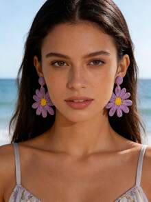 1 Pair Boho Style Handwoven Raffia Sunflower Earrings, Suitable For Women As Beach Vacation Jewelry Gift - 27649-purple - View 3