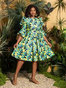 Faeriesty Plus Size Elegant High Collar Dress: Mid-Calf Length Flare Sleeve Dress, All-Over Geometric Print, A-Line Silhouette, Lightweight And Soft Fabric, Ideal For Garden Weddings, Destination Wedding Photoshoots, Outdoor Ceremonies, Romantic Portrait Sessions, Bohemian Fashion Editorials Vacation Spring - Green - View 4