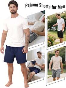 Men's Cotton Pajama Shorts 3-Pack, Soft Sleepwear With Pockets - Dark Blue, Light Olive Green, Off White - View 7
