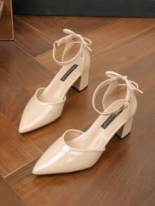 Women's Pointed Toe Suede Hollow Out Bowknot Chunky Heel Pumps, Versatile For Daily, Work, Business, Commute, Black, Plus Size - Patent Leather Apricot - View 3