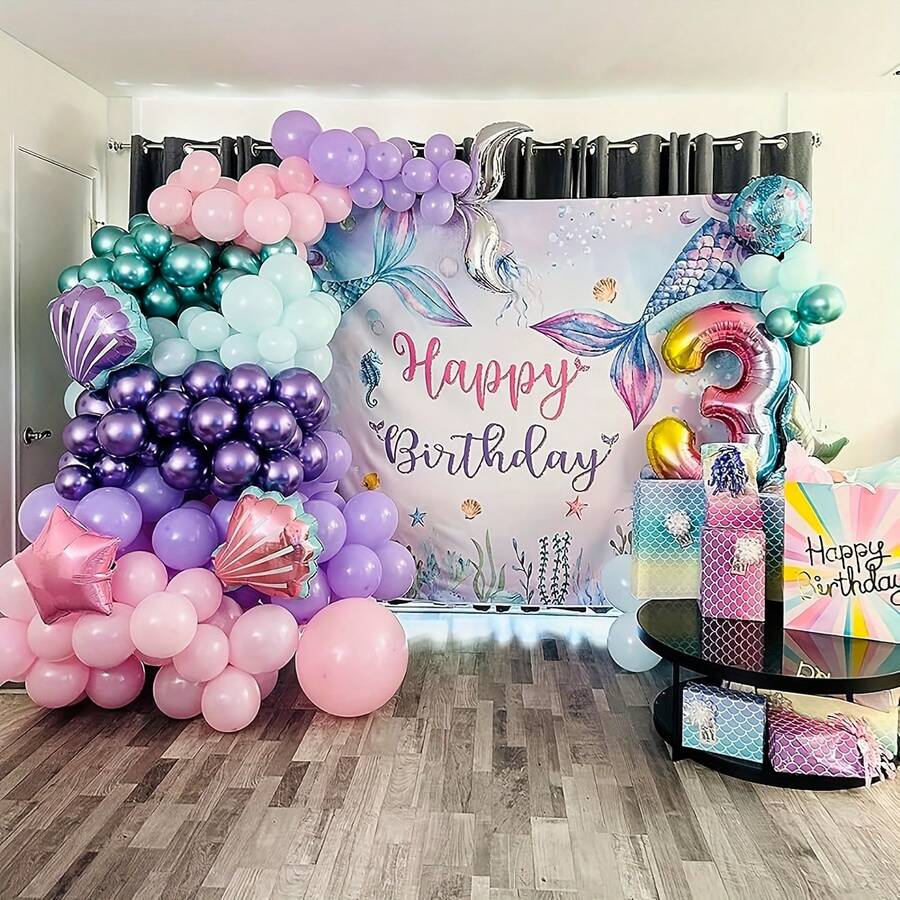 Mermaid Birthday Background, Underwater Birthday Party Decor, Blue & Purple Mermaid Tail Photography Backdrop, Party Decorations, Indoor & Outdoor Home Decor - 4 - View 1