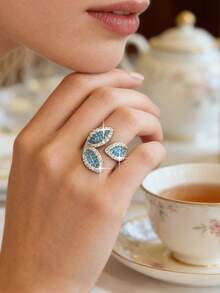 1枚奢华叶形设计蓝色立方氧化锆订婚戒指，高贵独特的开口戒指，适合女性商务、大学、度假、派对和日常佩戴。 - 湖藍 - 查看 2