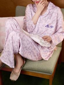 Gongdie 2pcs Disney Marie Cat Spring Long Sleeve Sleepwear Set, 100% Cotton Cartoon Purple Leopard Print Loungewear - Mauve Purple - View 5