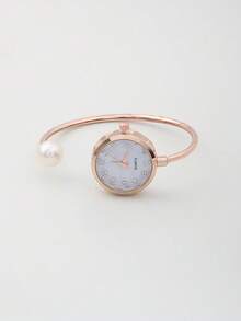 1 Women's Fine Fiber Bracelet, 1 Large Pearl, Diamond Cut Glass Rhinestone Dial, Minimalist Quartz Watch Bracelet, Watch - Rose Gold - View 4