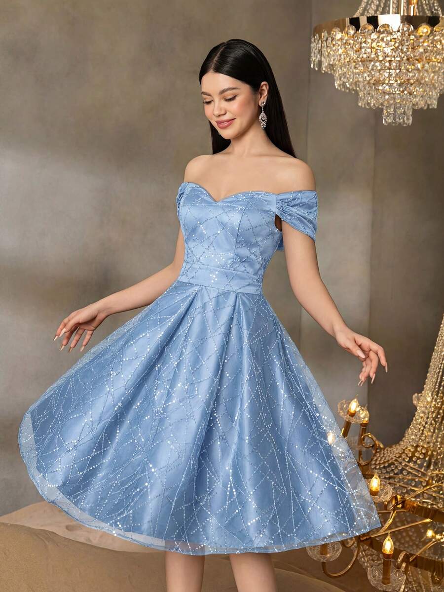 Vestido de fiesta de hombros descubiertos y longitud media de Alisa&Leo - Adecuado para galas de verano, bailes de graduación y eventos formales escolares - Celeste - Ver 1