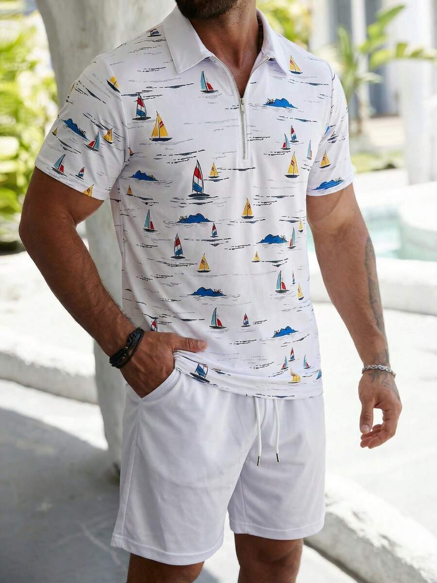 Bộ đồ nam mùa hè kiểu dáng nghỉ mát, in hình thuyền buồm, gồm áo polo tay ngắn và quần short thường ngày. - Nhiều màu - Xem 1