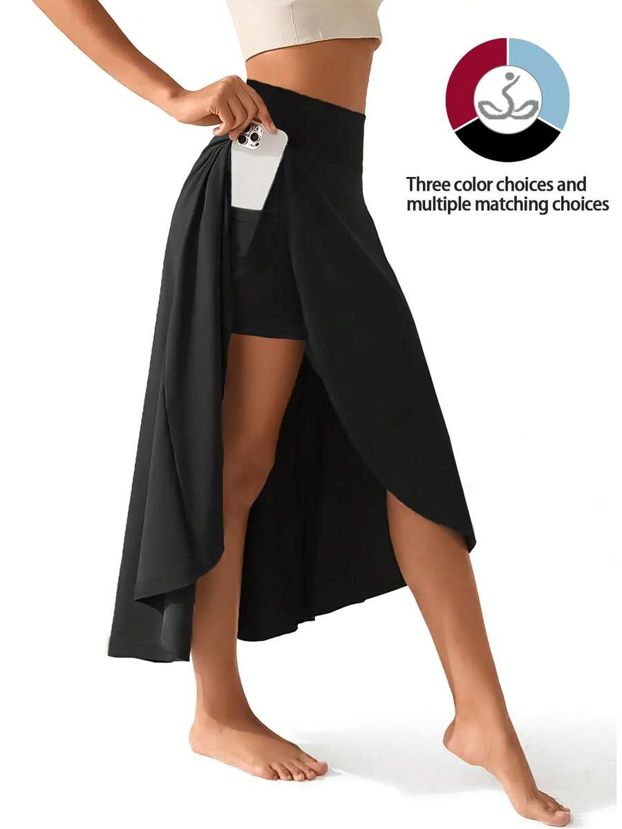 女士二合一高腰开衩运动裙，带内置短裤口袋，轻盈弹力，适合运动穿着 - 休闲纯色运动裙，女士运动服