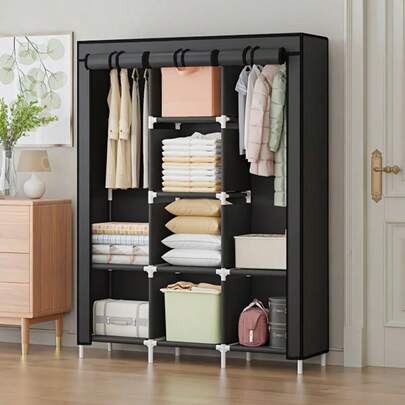 1 pieza Organizador de armario portátil - Fácil montaje, estructura de metal de alta capacidad, estantes de tela no tejida, diseño minimalista negro, adecuado para almacenamiento en dormitorio y pasillo | Armario moderno | Estructura de metal