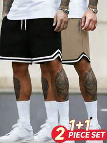 男士休闲运动短裤两件套，带拉链口袋，健身服，抽绳腰带，篮球短裤，弹力轻便运动裤，适合篮球、棒球、健身、跑步、训练、户外活动，父亲节夏季礼物 - 彩色 - 查看 3