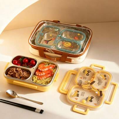 900ML 304 Stainless Steel Lunch Box With Compartments,Divided Bento Box, Sealed Leak-Proof Lunch Container, Portable Large Capacity Fruit Salad Food Storage Container,Hot Water Heatable,Dishwasher & Microwave Allowable,Suitable For Students And Adults Use In Home, School, Office, Picnic,Back To School