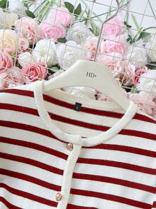 Elegant Striped Crew Neck Knit Cardigan, Versatile Fashion Casual Sweater, Retro Commuter Jacket For Women, Autumn - Red - View 8