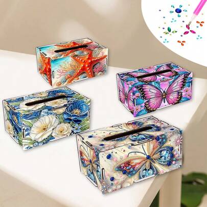 1pc Diamond Painting Tissue Box Cover, Featuring Starfish, Butterfly, Flower Patterns With Round Diamond Accents, Reusable Tissue Holder For Home & Office Decor