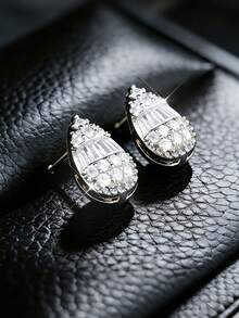 2pcs Silver-Plated Water Drop Zirconia Stud Earrings, Unisex Hip-Hop Music Festival Party Couple Gift, Birthday/Holiday Gift For Girlfriend/Couples - Earrings - View 5