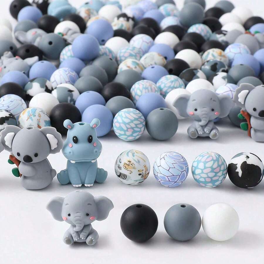 50pcs 3D Animal Silicone Bead Set With Printed Round Beads, Suitable For DIY Jewelry Making And Craft Projects - Multicolor - View 1