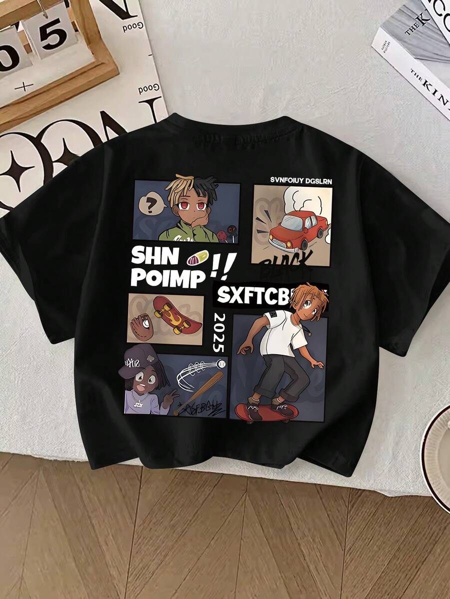 Young BoyCasual Yongboy Cartoon Print Round Neck Summer T-Shirt - Black - View 1