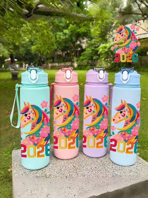 1 pièce Jolie tasse à eau peinte avec cheval, nouveau produit de l'année du cheval, design populaire de lettre 2026, grande capacité de 800 ml/27 oz, bouteille d'eau de sport avec paille et corde portable, cadeau d'anniversaire, cadeau de la Saint-Valentin, cadeau de la saison des retrouvailles
