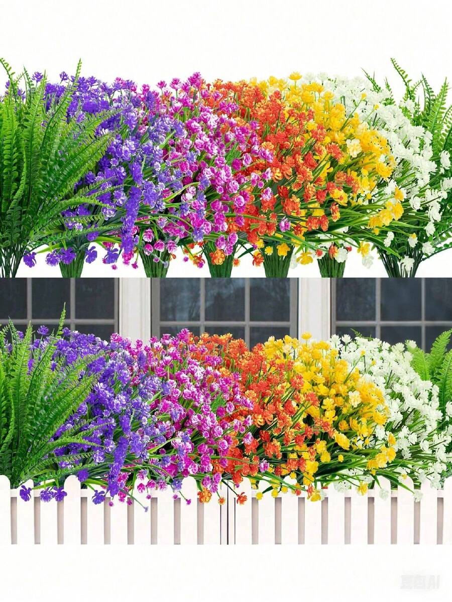 6支户外仿真花，不褪色假塑料花，逼真植物，适用于装饰、悬挂式花盆、室内/室外花园、门廊、窗台、家居、婚礼、农舍等。户外装饰、花园装饰、庭院、窗台花箱、厨房、家居装饰，多种颜色可选，适用于室内/室外花园、窗台、花盆、春季装饰（颜色随机） - 彩色 - 查看 1