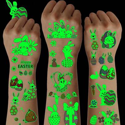 12 hojas de tatuajes temporales luminosos de Pascua, pegatinas de conejos, huevos de Pascua, zanahorias, polluelos y flores que brillan en la oscuridad para regalos de canasta de Pascua, recuerdos de fiesta de Pascua, decoraciones y premios de juegos de búsqueda de huevos para el festival de Pascua