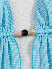 wohenmeili 女士纯色挂脖系带性感开衩比基尼泳装套装，夏季沙滩 - 藍格白 - 查看 3