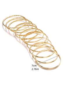 Set de 12 piezas de brazaletes metálicos texturados y lisos, de diseño sencillo, elegante, delicado y retro punk, adecuado para vacaciones, fiestas, citas, regalos y uso diario - Dorado - Ver 6