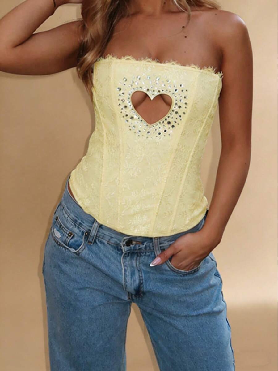 WOWDARK 女士夏季上衣，黄色爱心镂空腰部休闲外套，适合情人节、狂欢节、约会、聚会、派对、旅行、度假、海滩等场合。 - 黃色 - 查看 1