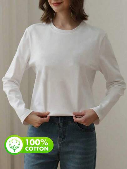 Plus Size Women's Daily 100% Cotton Crew Neck Long Sleeves Casual Comfort Spring & Autumn Women's White Tops