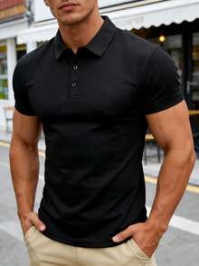 男士纯色Polo衫，休闲运动装，短袖，夏季黑色 - 黑色 - 查看 2