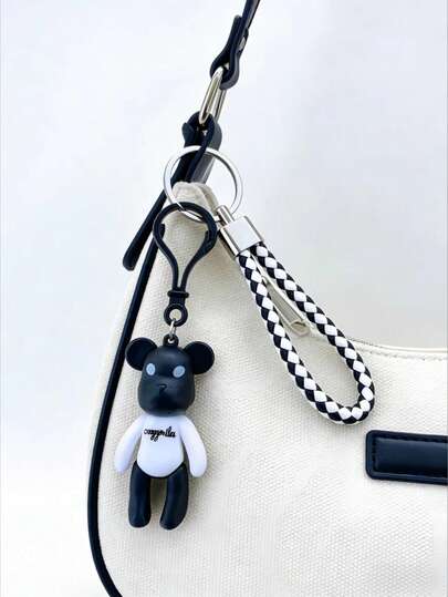 1pc Cute Black & White Bear Pendant, Cartoon Keychain Bag Charm, Suitable For Keychain, Handbag, Car Accessories, Fashion Accessory