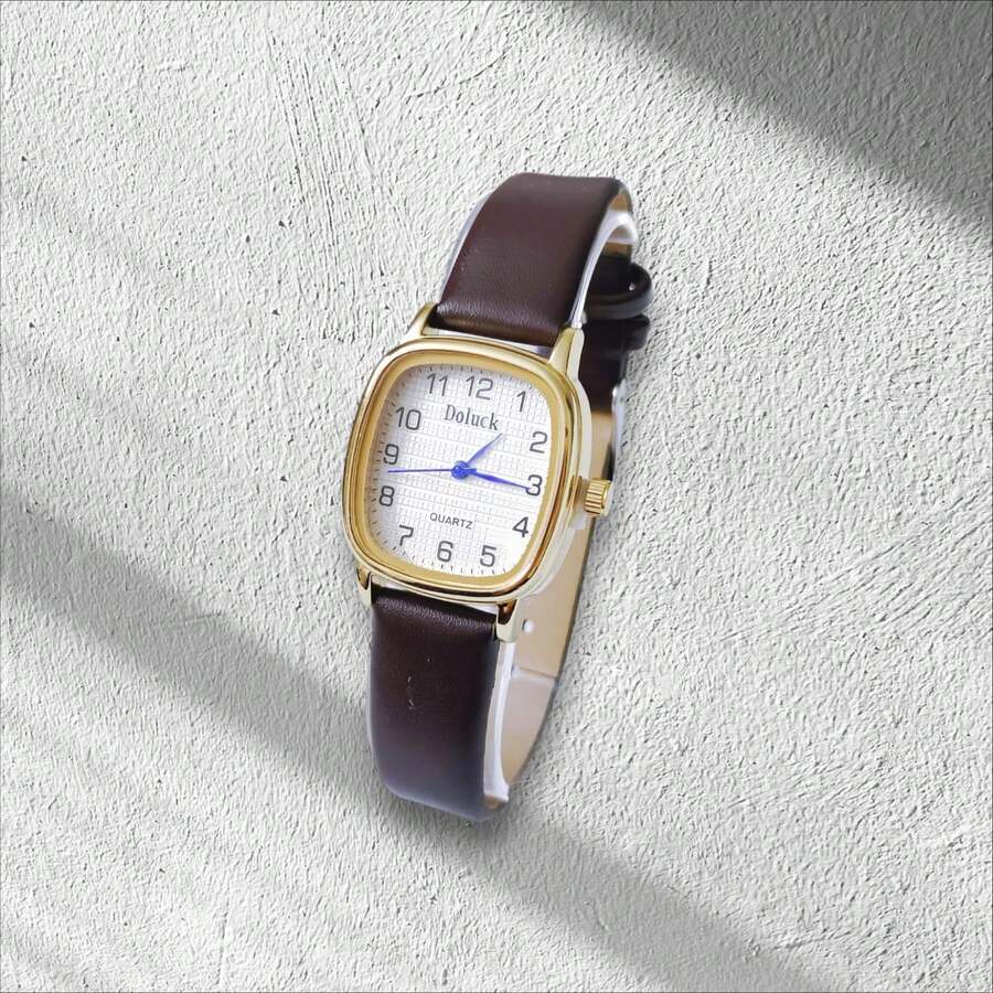 Small Square Women's Watch, Colorful Leather Strap. - Brown - View 1