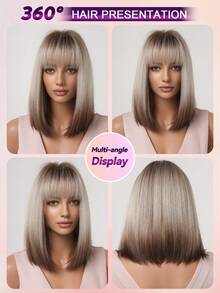 14英寸棕色渐变直发波波头假发，女士款，机织耐热合成假发，带刘海 - 漸層 - 查看 9