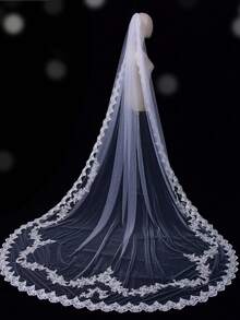 1件白色教堂式蕾丝边新娘头纱，适合婚礼、婚纱摄影配饰，附赠发梳 - 多色-- - 查看 7