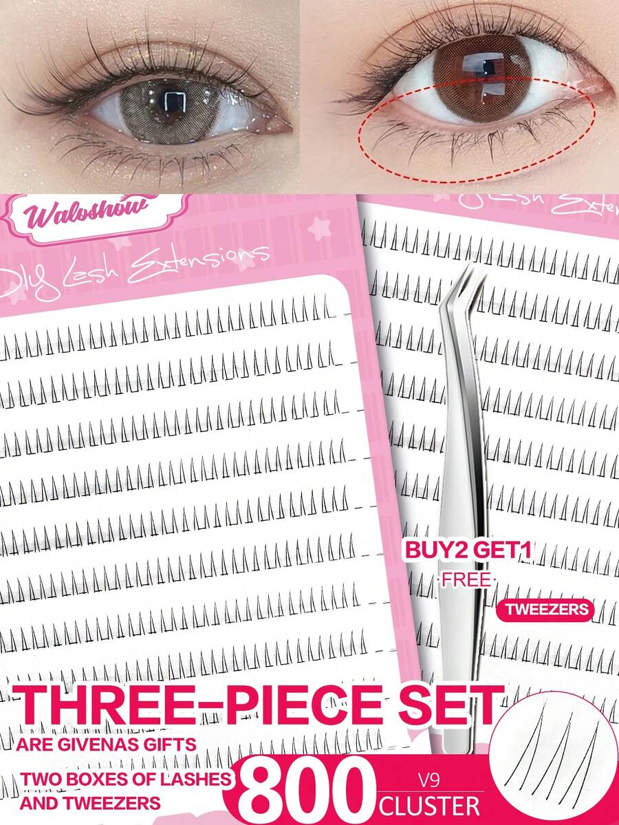 Waloshow 2 Boxes Eyelash Extension Kit With Professional Tweezers, Variety Of Styles Available - 80-200pcs Cat-Eye Lower Lashes, Natural Wispy Clusters, Transparent Stem Faux Lashes For Beginners & Cartoon Fans - B - View 1