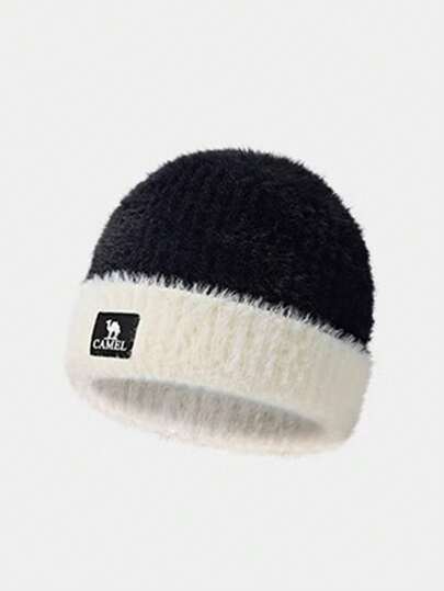 CAMEL CROWN Gorro de punto de piel sintética para exteriores, gorro de punto con bloques de color para otoño/invierno, gorro cálido y a prueba de viento con orejeras, gorro de lana para cabezas grandes