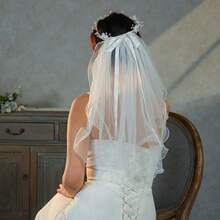 1件欧美新娘白色蝴蝶结仿珍珠短头纱，浪漫花卉头饰，旅行摄影配饰，不适合成人佩戴 - 彩色 - 查看 4