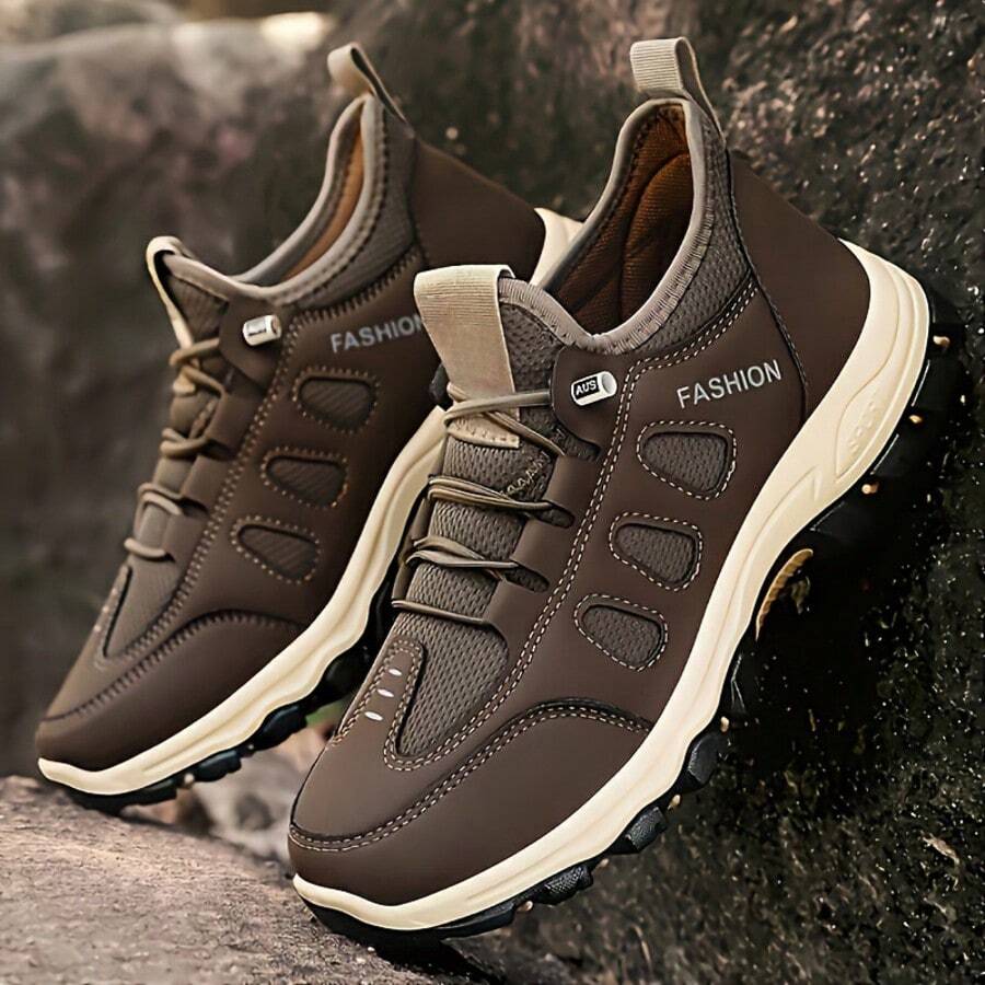 Men's Non-Slip Hiking Sports Shoes | Lightweight And Breathable Mesh Outdoor Casual Shoes. Breathable Mesh + Non-Slip Rubber Sole, Suitable For Hiking. Men's Sports Shoes | Lightweight And Shock-Absorbing, Suitable For Both Street Style And Outdoor Wear. - 卡其色 - 查看 1