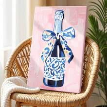 1pc Blue Summer Wall Art, Beach Decor, Ocean Wooden Framed Wall Art, Wrapped Canvas Vintage Prints Poster, Wine Bottle, Blue Bow, Patterned Ribbon - Abstract, Abstract, Whimsical, Contemporary Style, Perfect Gift Decor, Wall Art for Living Room Bedroom Office, Hanging Hardware Included - Wrapped Framed Canvas, Vertical - Lienzo enmarcado - Ver 3