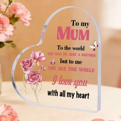 1 件母亲节心形亚克力装饰礼品，“致我的妈妈”桌面牌匾，粉色玫瑰图案，母亲节礼物，生日礼物，感谢礼物，适合家庭办公室客厅卧室装饰