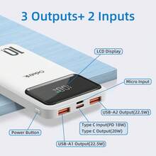 10000mAh 22.5W QC3.0 Power Bank With 3 Outputs, 2 Inputs & LCD Display - Fast Charging, Portable, Universal Compatibility - White - View 2