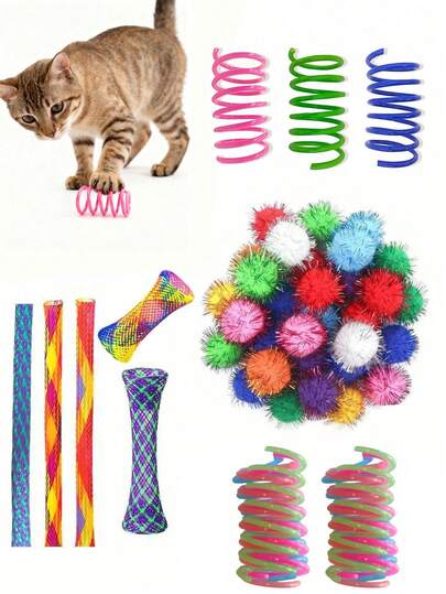 Cat Self-Entertainment Toy Set - Cat Spring + Glow-In-The-Dark Cat Spring + Glitter Ball + Spring Tunnel, Cat Boredom Relief & Teeth Grinding Chew Toys
