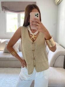 2026 Summer New Women's Vacation Gold Shiny Sleeveless V-Neck Ribbed Knit Button Front Crop Top, Regular Length, Slightly Stretchy, Suitable For Vacation, Dates, Parties, Beach - Khaki - View 2