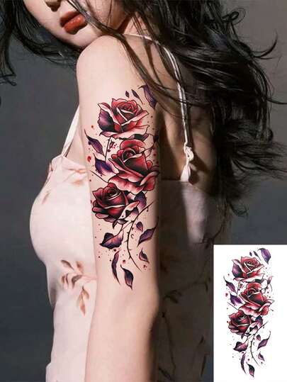 1 miếng dán hình xăm tạm thời chống thấm nước, hình xăm giả họa tiết hoa hồng đậm sang trọng, thích hợp cho các bữa tiệc ngày lễ, dễ sử dụng, phù hợp cho cánh tay và chân của nữ giới, giữ được 7-14 ngày, không thể thiếu cho các bữa tiệc, lễ hội âm nhạc.