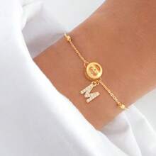 1pc New Classic Round Birthstone MOM Initial Golden Stainless Steel Bead Chain Bracelet For Women - Yellow Gold - View 1